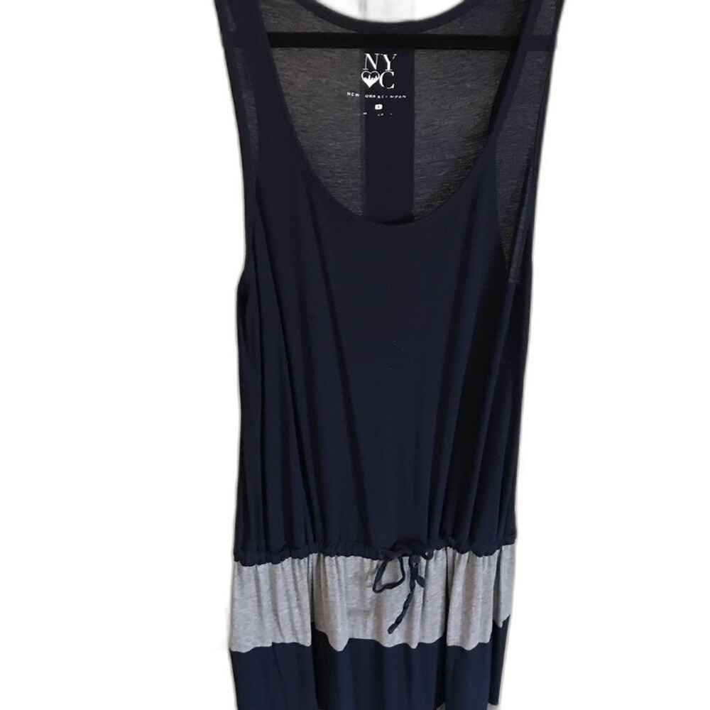 New York & Company Blue & Gray Striped Drawstring Maxi Dress Size S